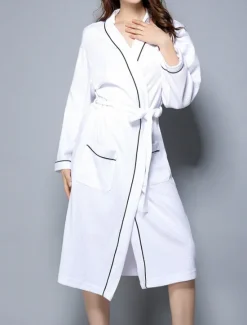 Online Women's Pajamas Bathrobe Pure Color Simple Casual Comfort Home Bed Wedding Party Cotton Terry Breathable V Wire Long Sleeve Pocket Fall Winter Home Outfits Women Pajama-Setter