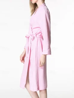 Online Women's Pajamas Bathrobe Pure Color Simple Casual Comfort Home Bed Wedding Party Cotton Terry Breathable V Wire Long Sleeve Pocket Fall Winter Home Outfits Women Pajama-Setter