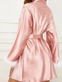 Online Women's Pajamas Bathrobe Robes Gown Pure Color Simple Casual Comfort Home Daily Bed Satin Lace Breathable V Wire Long Sleeve Summer Fall Home Outfits Women Pajama-Setter
