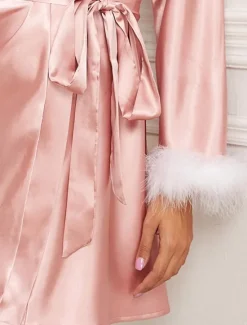 Online Women's Pajamas Bathrobe Robes Gown Pure Color Simple Casual Comfort Home Daily Bed Satin Lace Breathable V Wire Long Sleeve Summer Fall Home Outfits Women Pajama-Setter