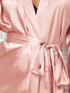Online Women's Pajamas Bathrobe Robes Gown Pure Color Simple Casual Comfort Home Daily Bed Satin Lace Breathable V Wire Long Sleeve Summer Fall Home Outfits Women Pajama-Setter