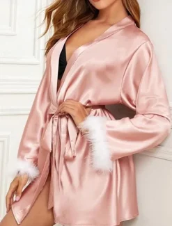 Online Women's Pajamas Bathrobe Robes Gown Pure Color Simple Casual Comfort Home Daily Bed Satin Lace Breathable V Wire Long Sleeve Summer Fall Home Outfits Women Pajama-Setter