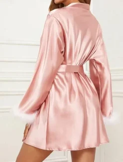 Online Women's Pajamas Bathrobe Robes Gown Pure Color Simple Casual Comfort Home Daily Bed Satin Lace Breathable V Wire Long Sleeve Summer Fall Home Outfits Women Pajama-Setter