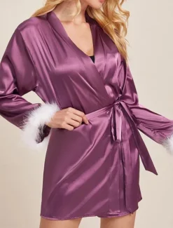 Online Women's Pajamas Bathrobe Robes Gown Pure Color Simple Casual Comfort Home Daily Bed Satin Lace Breathable V Wire Long Sleeve Summer Fall Home Outfits Women Pajama-Setter