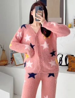 Clearance Women's Pajamas Loungewear 2 Pieces Graphic Active Casual Home Daily Fleece Warm Breathable V Neck Long Sleeve Cardigan Pant Fall Winter Home Outfits Women Pajama-Setter
