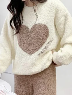 Outlet Women's Pajamas Loungewear 2 Pieces Heart Warm Comfort Home Daily Fleece Warm Breathable Crew Neck Long Sleeve Pullover Pant Fall Winter Home Outfits Women Pajama-Setter