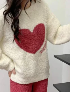 Outlet Women's Pajamas Loungewear 2 Pieces Heart Warm Comfort Home Daily Fleece Warm Breathable Crew Neck Long Sleeve Pullover Pant Fall Winter Home Outfits Women Pajama-Setter