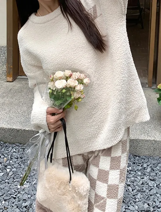 New Women's Pajamas Loungewear 2 Pieces Graphic Warm Comfort Home Daily Fleece Warm Breathable Crew Neck Long Sleeve Pullover Pant Fall Winter Home Outfits Women Pajama-Setter