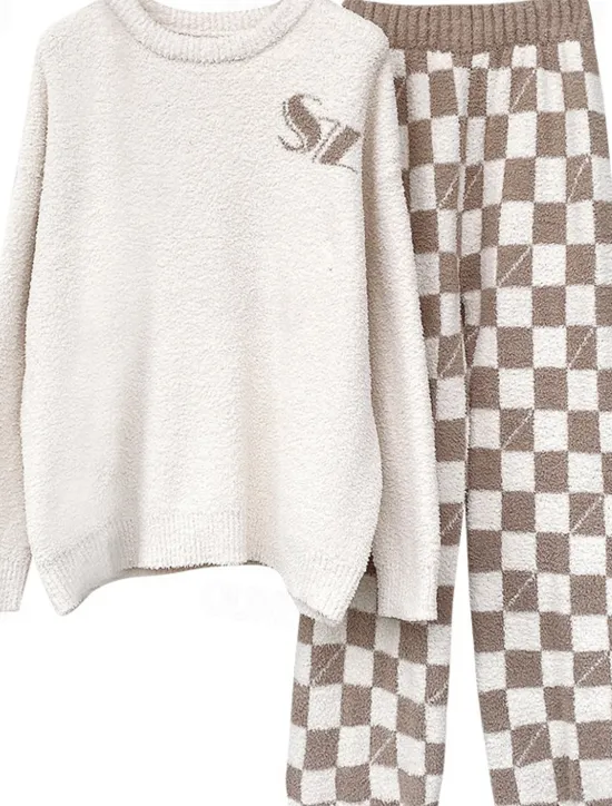New Women's Pajamas Loungewear 2 Pieces Graphic Warm Comfort Home Daily Fleece Warm Breathable Crew Neck Long Sleeve Pullover Pant Fall Winter Home Outfits Women Pajama-Setter