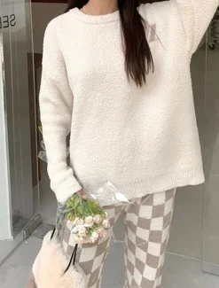 New Women's Pajamas Loungewear 2 Pieces Graphic Warm Comfort Home Daily Fleece Warm Breathable Crew Neck Long Sleeve Pullover Pant Fall Winter Home Outfits Women Pajama-Setter