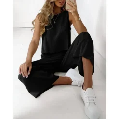 Online Women's Pajamas Loungewear Two Piece Sets Casual Pure Color Cotton Linen Sets Pant Home Sleeveless Crew Neck Black White Brown Khaki Light Grey Summer Spring Women Sets
