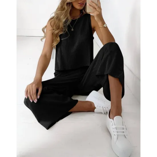 Online Women's Pajamas Loungewear Two Piece Sets Casual Pure Color Cotton Linen Sets Pant Home Sleeveless Crew Neck Black White Brown Khaki Light Grey Summer Spring Women Sets