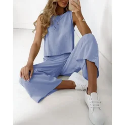 Online Women's Pajamas Loungewear Two Piece Sets Casual Pure Color Cotton Linen Sets Pant Home Sleeveless Crew Neck Black White Brown Khaki Light Grey Summer Spring Women Sets