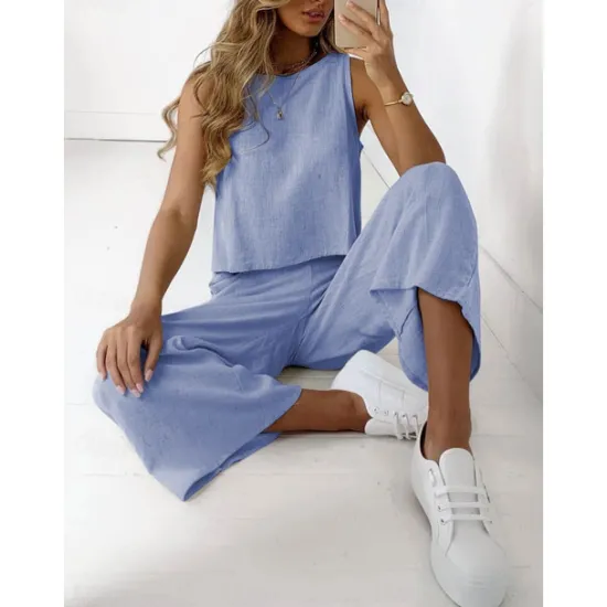 Online Women's Pajamas Loungewear Two Piece Sets Casual Pure Color Cotton Linen Sets Pant Home Sleeveless Crew Neck Black White Brown Khaki Light Grey Summer Spring Women Sets