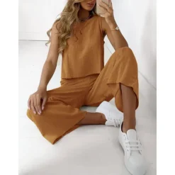 Online Women's Pajamas Loungewear Two Piece Sets Casual Pure Color Cotton Linen Sets Pant Home Sleeveless Crew Neck Black White Brown Khaki Light Grey Summer Spring Women Sets