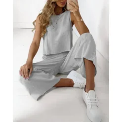 Online Women's Pajamas Loungewear Two Piece Sets Casual Pure Color Cotton Linen Sets Pant Home Sleeveless Crew Neck Black White Brown Khaki Light Grey Summer Spring Women Sets