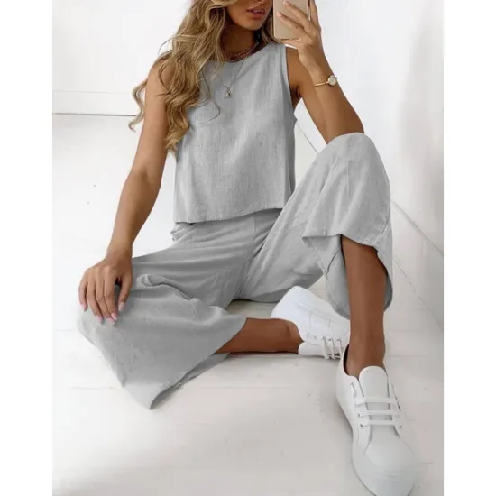 Online Women's Pajamas Loungewear Two Piece Sets Casual Pure Color Cotton Linen Sets Pant Home Sleeveless Crew Neck Black White Brown Khaki Light Grey Summer Spring Women Sets
