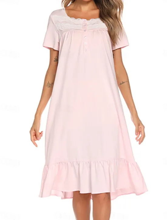 Discount Women's Pajamas Nightgown Dress Pure Color Simple Basic Casual Home Daily Bed Cotton Breathable Square Neck Short Sleeve Dress Button Summer Spring Home Outfits Women Sleepwear