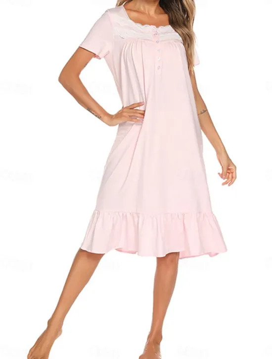Discount Women's Pajamas Nightgown Dress Pure Color Simple Basic Casual Home Daily Bed Cotton Breathable Square Neck Short Sleeve Dress Button Summer Spring Home Outfits Women Sleepwear