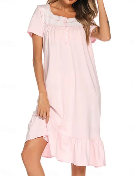 Discount Women's Pajamas Nightgown Dress Pure Color Simple Basic Casual Home Daily Bed Cotton Breathable Square Neck Short Sleeve Dress Button Summer Spring Home Outfits Women Sleepwear