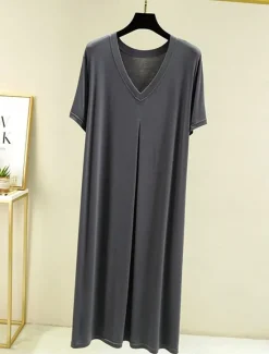 New Women's Pajamas Nightgown Nightshirt Dress Pure Color Simple Casual Soft Home Daily Bed Modal Breathable V Wire Short Sleeve Summer Fall Home Outfits Women Sleepwear