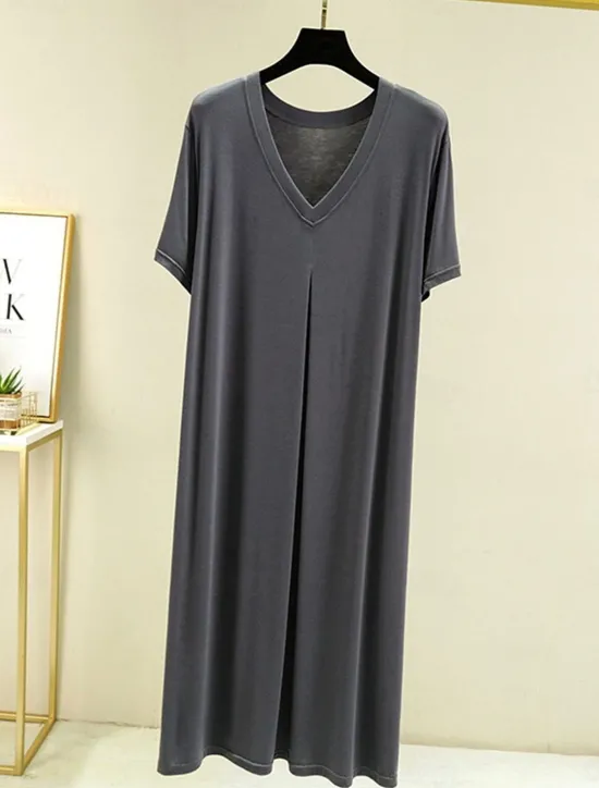 New Women's Pajamas Nightgown Nightshirt Dress Pure Color Simple Casual Soft Home Daily Bed Modal Breathable V Wire Short Sleeve Summer Fall Home Outfits Women Sleepwear