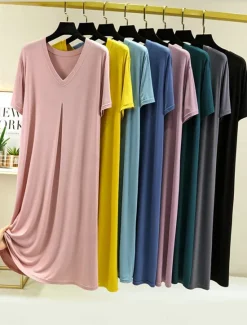 New Women's Pajamas Nightgown Nightshirt Dress Pure Color Simple Casual Soft Home Daily Bed Modal Breathable V Wire Short Sleeve Summer Fall Home Outfits Women Sleepwear
