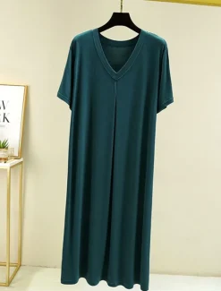 New Women's Pajamas Nightgown Nightshirt Dress Pure Color Simple Casual Soft Home Daily Bed Modal Breathable V Wire Short Sleeve Summer Fall Home Outfits Women Sleepwear