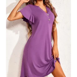 New Women's Pajamas Nightgown Pure Color Fashion Casual Comfort Home Daily Bed Modal Comfort Breathable V Wire Short Sleeve Button Summer Spring Home Outfits Women Sleepwear