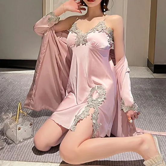 Clearance Women's Pajamas Nightgown Dress Pjs 2 Pieces Pure Color Fashion Casual Comfort Home Daily Bed Satin Silk V Wire Long Sleeve Elastic Waist Chest pads Summer Spring Home Outfits Women Pajama-Setter