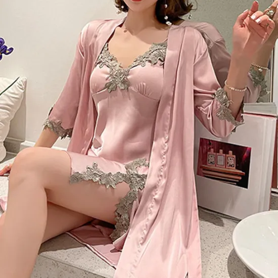 Clearance Women's Pajamas Nightgown Dress Pjs 2 Pieces Pure Color Fashion Casual Comfort Home Daily Bed Satin Silk V Wire Long Sleeve Elastic Waist Chest pads Summer Spring Home Outfits Women Pajama-Setter