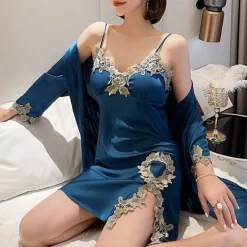 Clearance Women's Pajamas Nightgown Dress Pjs 2 Pieces Pure Color Fashion Casual Comfort Home Daily Bed Satin Silk V Wire Long Sleeve Elastic Waist Chest pads Summer Spring Home Outfits Women Pajama-Setter