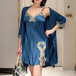 Clearance Women's Pajamas Nightgown Dress Pjs 2 Pieces Pure Color Fashion Casual Comfort Home Daily Bed Satin Silk V Wire Long Sleeve Elastic Waist Chest pads Summer Spring Home Outfits Women Pajama-Setter