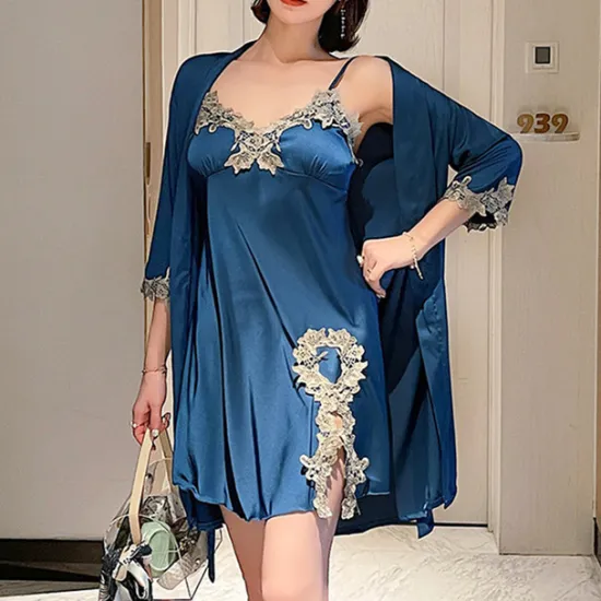 Clearance Women's Pajamas Nightgown Dress Pjs 2 Pieces Pure Color Fashion Casual Comfort Home Daily Bed Satin Silk V Wire Long Sleeve Elastic Waist Chest pads Summer Spring Home Outfits Women Pajama-Setter