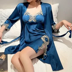 Clearance Women's Pajamas Nightgown Dress Pjs 2 Pieces Pure Color Fashion Casual Comfort Home Daily Bed Satin Silk V Wire Long Sleeve Elastic Waist Chest pads Summer Spring Home Outfits Women Pajama-Setter