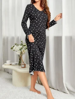 Outlet Women's Pajamas Nightgown Nightshirt Dress Dot Simple Casual Comfort Home Daily Bed Breathable V Wire Long Sleeve Fall Winter Home Outfits Women Sleepwear
