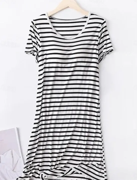 Women's Pajamas Nightgown Nightshirt Dress Stripe Casual Comfort Soft Home Daily Bed Breathable Crew Neck Short Sleeve Summer Spring Home Outfits Women Sleepwear
