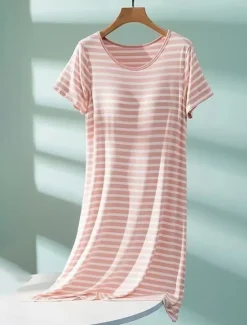 Women's Pajamas Nightgown Nightshirt Dress Stripe Casual Comfort Soft Home Daily Bed Breathable Crew Neck Short Sleeve Summer Spring Home Outfits Women Sleepwear
