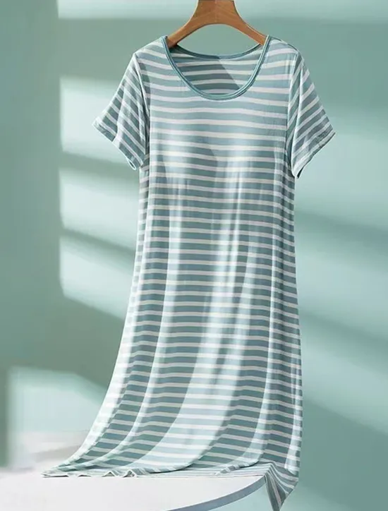 Women's Pajamas Nightgown Nightshirt Dress Stripe Casual Comfort Soft Home Daily Bed Breathable Crew Neck Short Sleeve Summer Spring Home Outfits Women Sleepwear