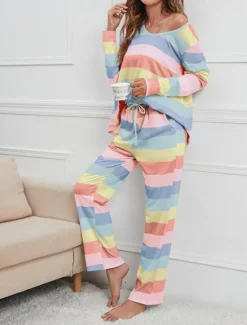 Hot Women's Pajamas Nighty Pjs Sets 2 Pieces Rainbow Stripe Fashion Comfort Soft Home Daily Bed Cotton Breathable V Wire Long Sleeve T shirt Tee Pant Spring Fall Home Outfits Women Pajama-Setter