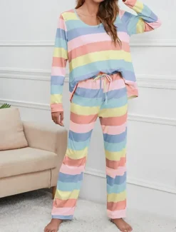 Hot Women's Pajamas Nighty Pjs Sets 2 Pieces Rainbow Stripe Fashion Comfort Soft Home Daily Bed Cotton Breathable V Wire Long Sleeve T shirt Tee Pant Spring Fall Home Outfits Women Pajama-Setter
