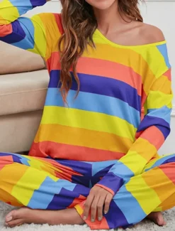 Hot Women's Pajamas Nighty Pjs Sets 2 Pieces Rainbow Stripe Fashion Comfort Soft Home Daily Bed Cotton Breathable V Wire Long Sleeve T shirt Tee Pant Spring Fall Home Outfits Women Pajama-Setter