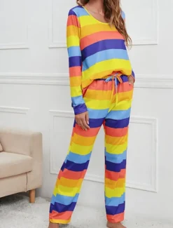 Hot Women's Pajamas Nighty Pjs Sets 2 Pieces Rainbow Stripe Fashion Comfort Soft Home Daily Bed Cotton Breathable V Wire Long Sleeve T shirt Tee Pant Spring Fall Home Outfits Women Pajama-Setter