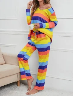 Hot Women's Pajamas Nighty Pjs Sets 2 Pieces Rainbow Stripe Fashion Comfort Soft Home Daily Bed Cotton Breathable V Wire Long Sleeve T shirt Tee Pant Spring Fall Home Outfits Women Pajama-Setter