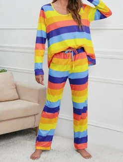 Hot Women's Pajamas Nighty Pjs Sets 2 Pieces Rainbow Stripe Fashion Comfort Soft Home Daily Bed Cotton Breathable V Wire Long Sleeve T shirt Tee Pant Spring Fall Home Outfits Women Pajama-Setter
