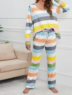 Hot Women's Pajamas Nighty Pjs Sets 2 Pieces Rainbow Stripe Fashion Comfort Soft Home Daily Bed Cotton Breathable V Wire Long Sleeve T shirt Tee Pant Spring Fall Home Outfits Women Pajama-Setter