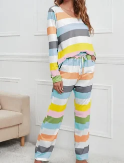 Hot Women's Pajamas Nighty Pjs Sets 2 Pieces Rainbow Stripe Fashion Comfort Soft Home Daily Bed Cotton Breathable V Wire Long Sleeve T shirt Tee Pant Spring Fall Home Outfits Women Pajama-Setter