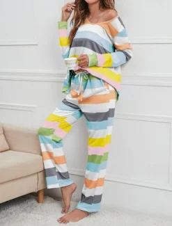 Hot Women's Pajamas Nighty Pjs Sets 2 Pieces Rainbow Stripe Fashion Comfort Soft Home Daily Bed Cotton Breathable V Wire Long Sleeve T shirt Tee Pant Spring Fall Home Outfits Women Pajama-Setter