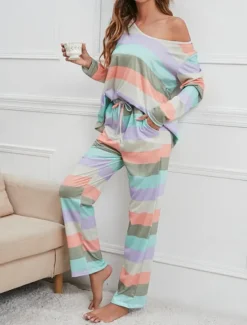 Hot Women's Pajamas Nighty Pjs Sets 2 Pieces Rainbow Stripe Fashion Comfort Soft Home Daily Bed Cotton Breathable V Wire Long Sleeve T shirt Tee Pant Spring Fall Home Outfits Women Pajama-Setter