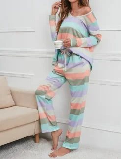 Hot Women's Pajamas Nighty Pjs Sets 2 Pieces Rainbow Stripe Fashion Comfort Soft Home Daily Bed Cotton Breathable V Wire Long Sleeve T shirt Tee Pant Spring Fall Home Outfits Women Pajama-Setter